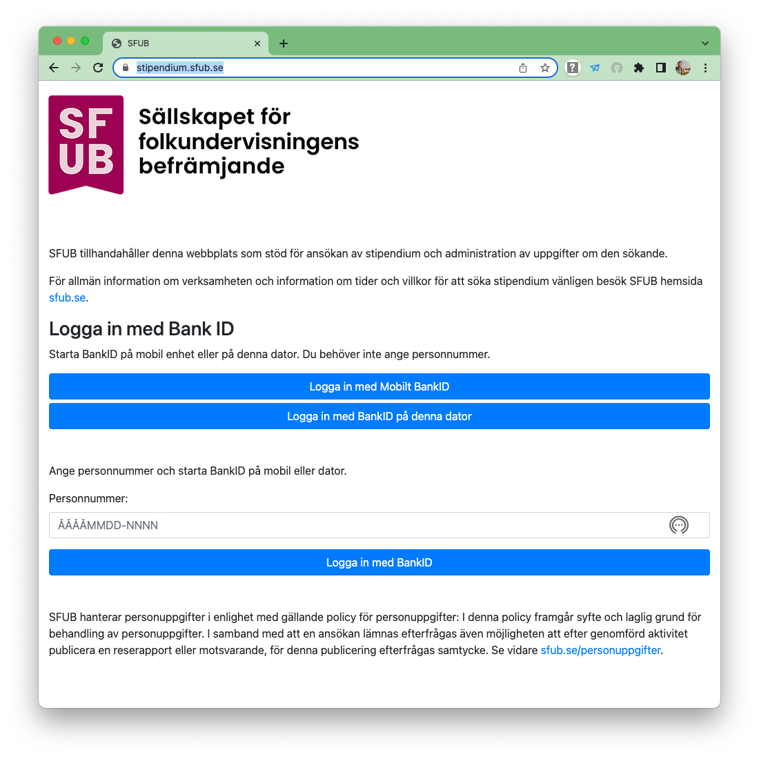 Digital ansökan om stipendium från SFUB - Steg 1