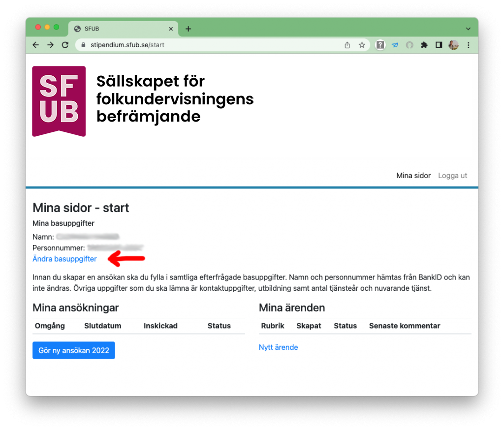 Digital ansökan om stipendium från SFUB - Steg 3 - Dina uppgifter