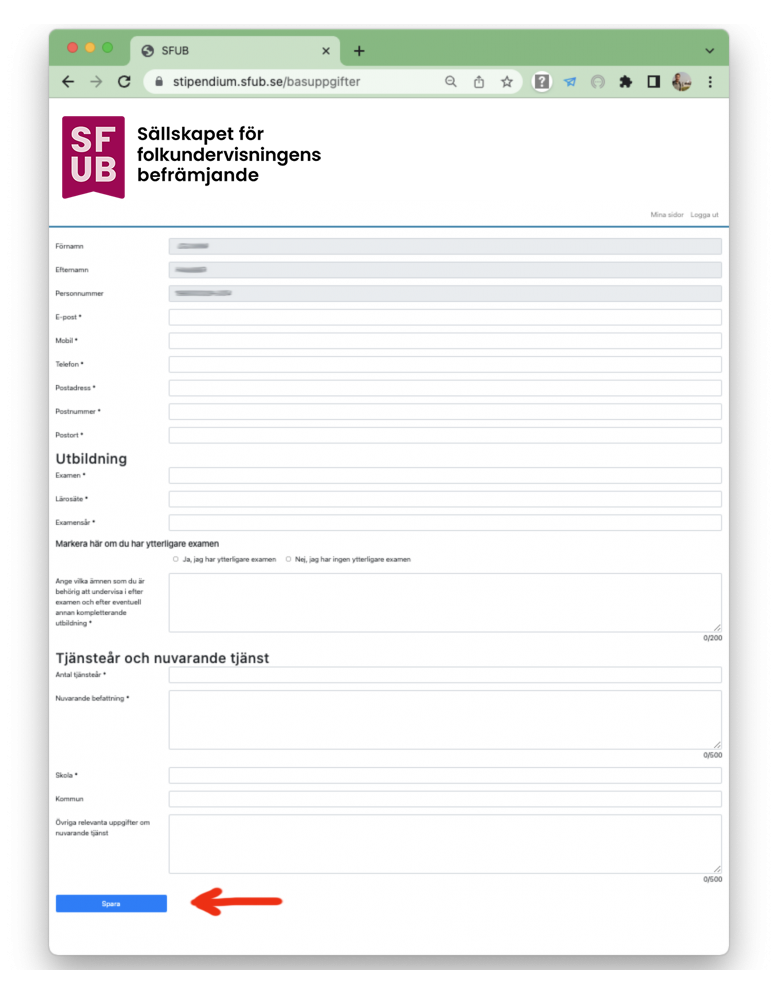 Digital ansökan om stipendium från SFUB - Steg 3 - Redigera dina uppgifter