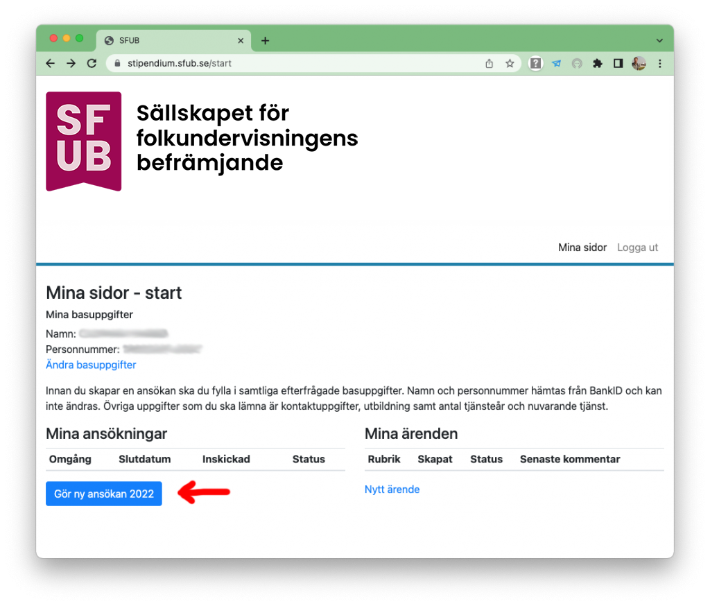 Digital ansökan om stipendium från SFUB - Steg 4 - Ny ansökan