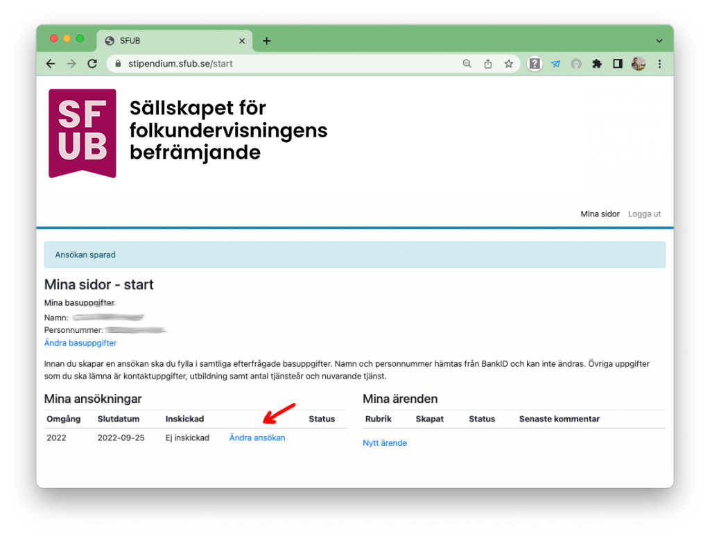 Digital ansökan om stipendium från SFUB - Steg 6