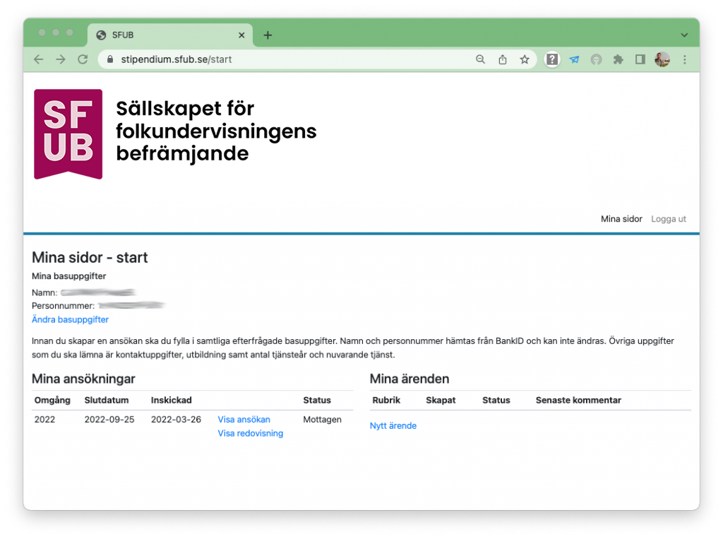 Digital ansökan om stipendium från SFUB - Steg 8 - Översikt
